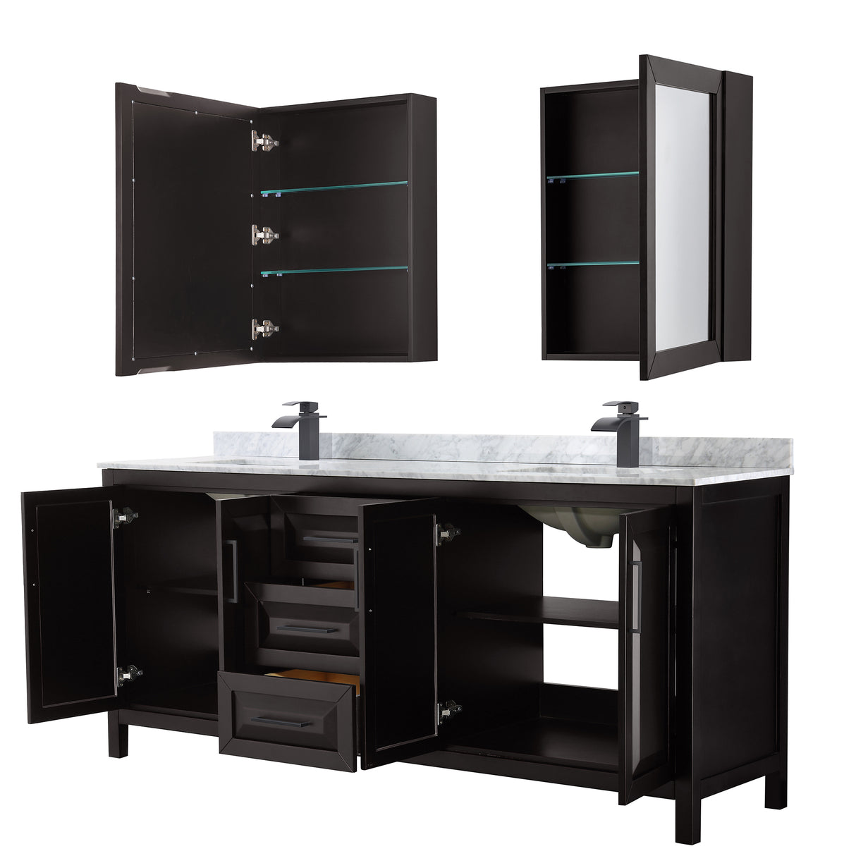 Daria 80 Inch Double Bathroom Vanity in Dark Espresso White Carrara Marble Countertop Undermount Square Sinks Matte Black Trim Medicine Cabinets