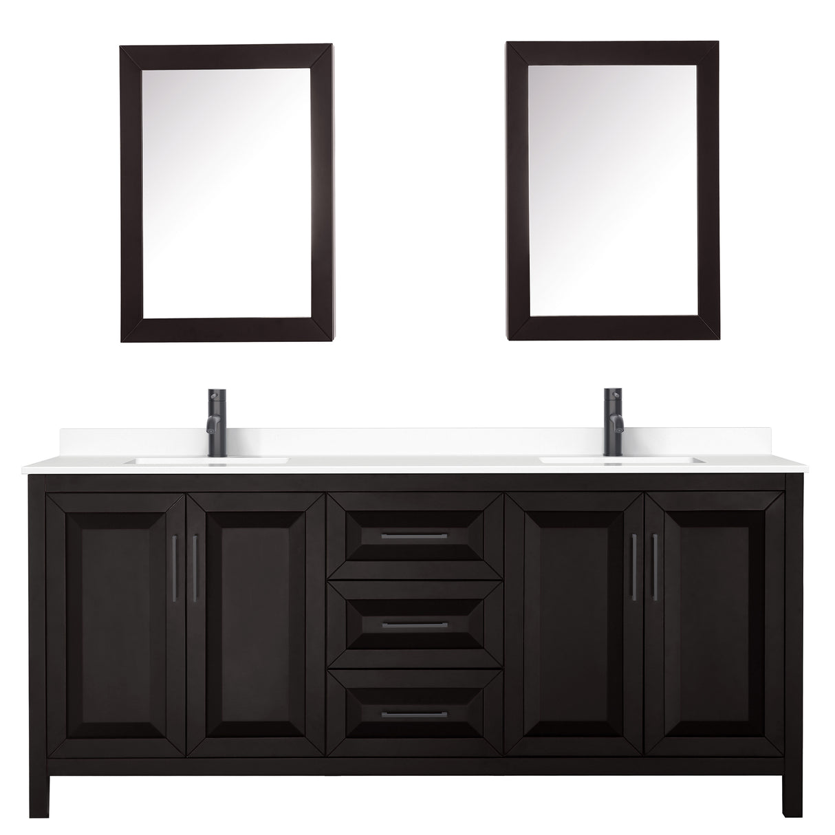 Daria 80 Inch Double Bathroom Vanity in Dark Espresso White Cultured Marble Countertop Undermount Square Sinks Matte Black Trim Medicine Cabinets