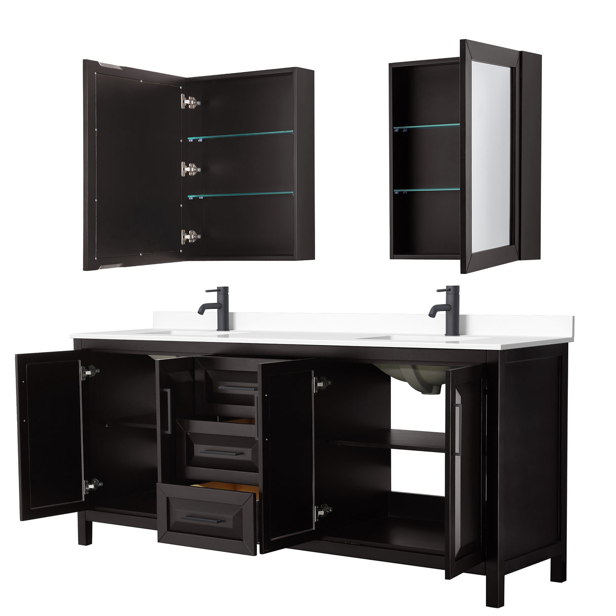 Daria 80 Inch Double Bathroom Vanity in Dark Espresso White Cultured Marble Countertop Undermount Square Sinks Matte Black Trim Medicine Cabinets