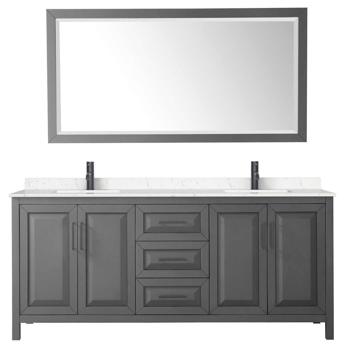 Daria 80 Inch Double Bathroom Vanity in Dark Gray Carrara Cultured Marble Countertop Undermount Square Sinks Matte Black Trim 70 Inch Mirror