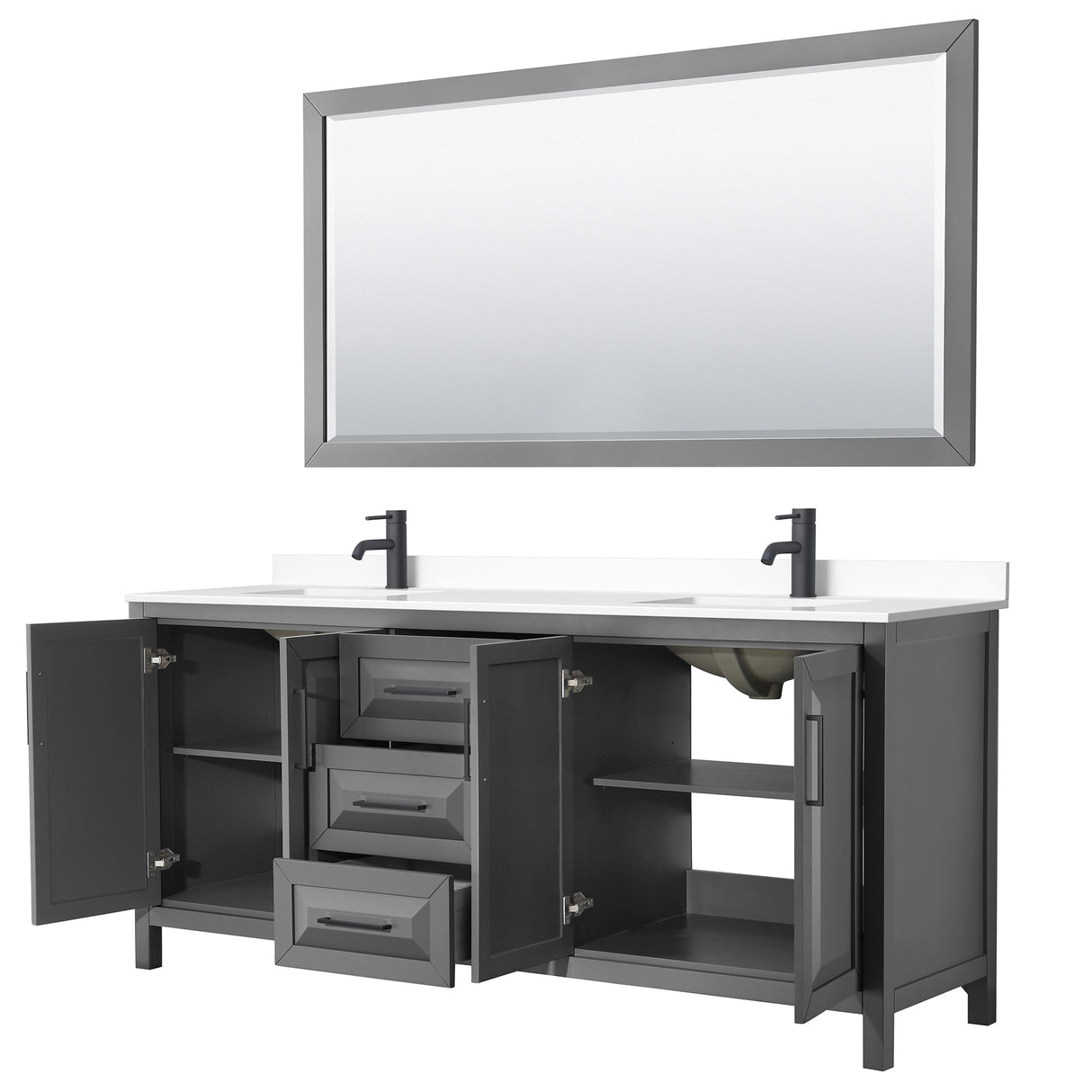 Daria 80 Inch Double Bathroom Vanity in Dark Gray White Cultured Marble Countertop Undermount Square Sinks Matte Black Trim 70 Inch Mirror