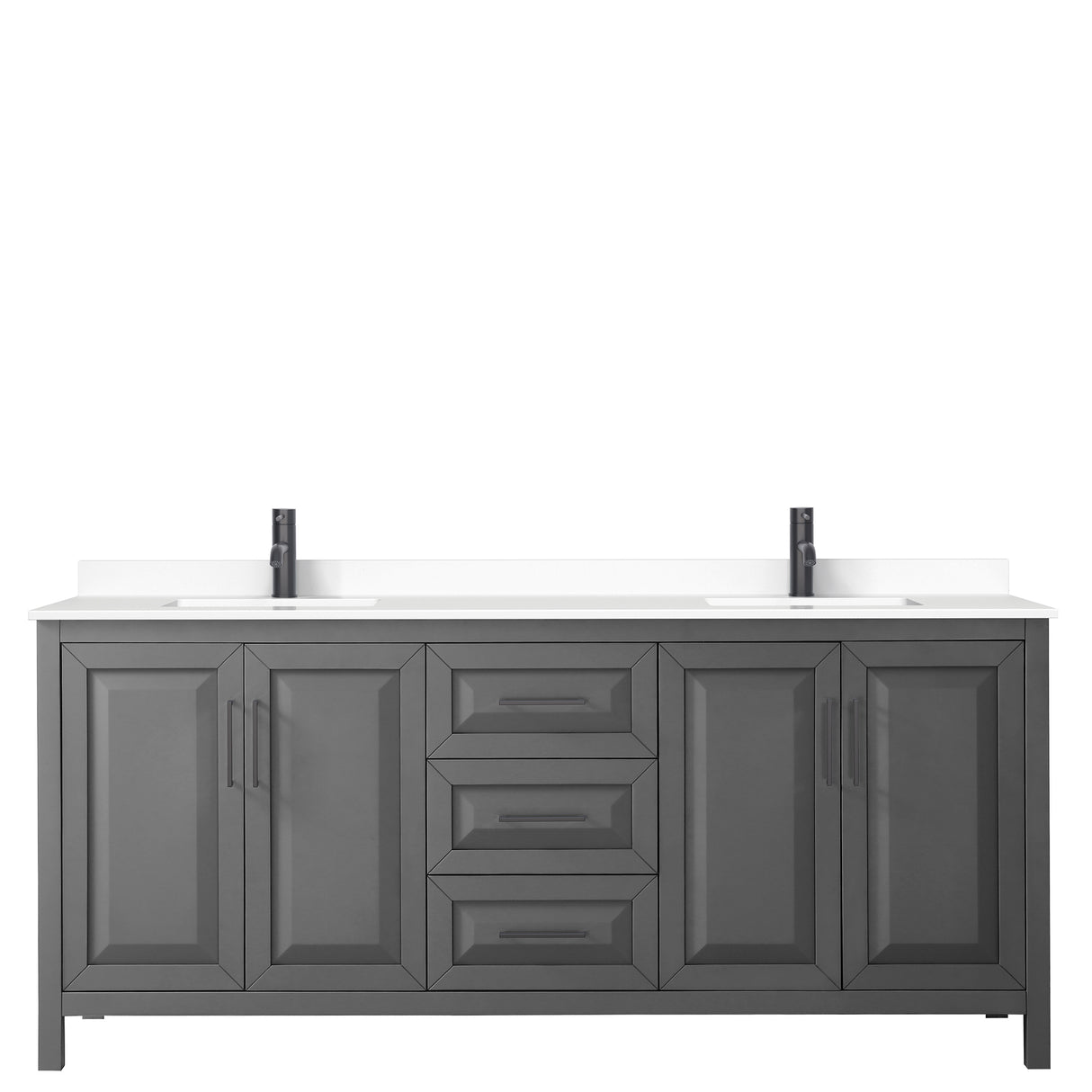 Daria 80 Inch Double Bathroom Vanity in Dark Gray White Cultured Marble Countertop Undermount Square Sinks Matte Black Trim