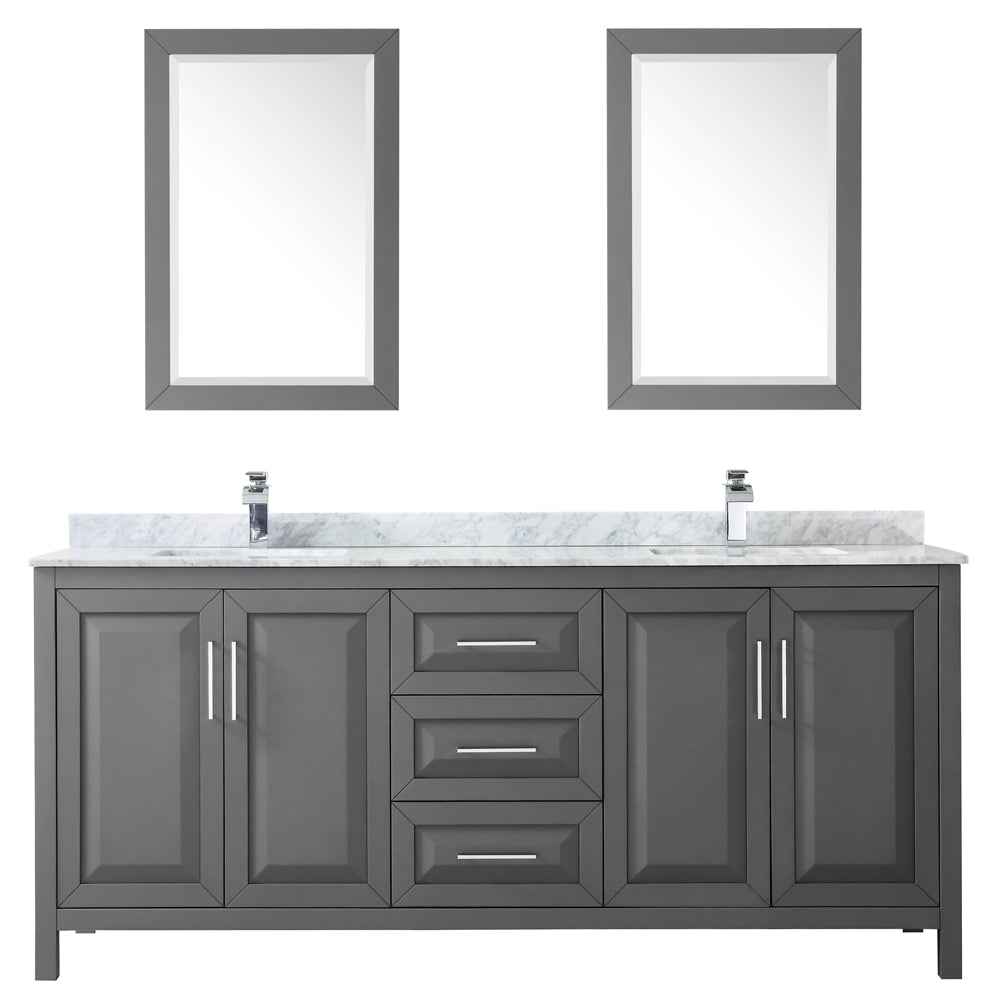 Daria 80 Inch Double Bathroom Vanity in Dark Gray White Carrara Marble Countertop Undermount Square Sinks and 24 Inch Mirrors