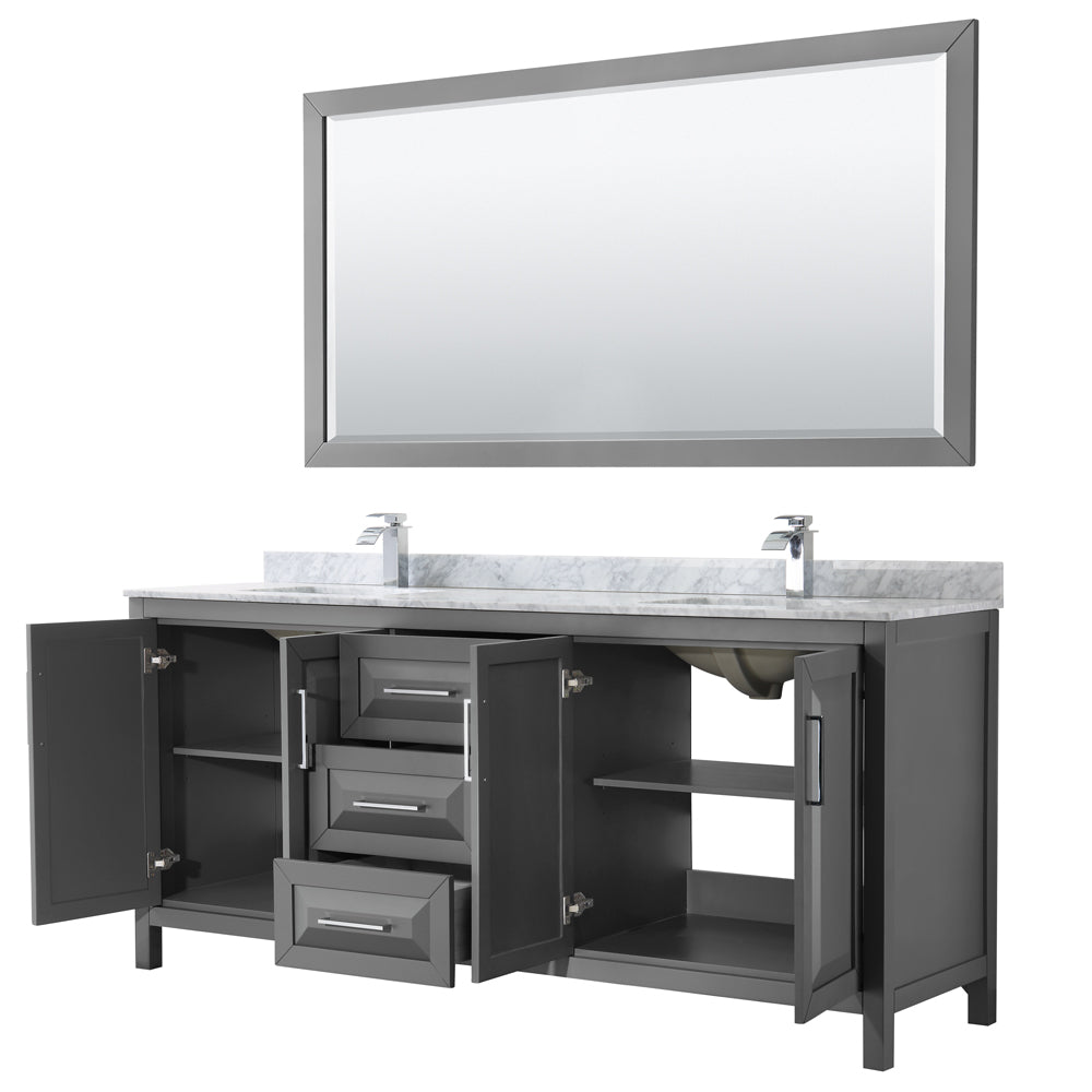 Daria 80 Inch Double Bathroom Vanity in Dark Gray White Carrara Marble Countertop Undermount Square Sinks and 70 Inch Mirror
