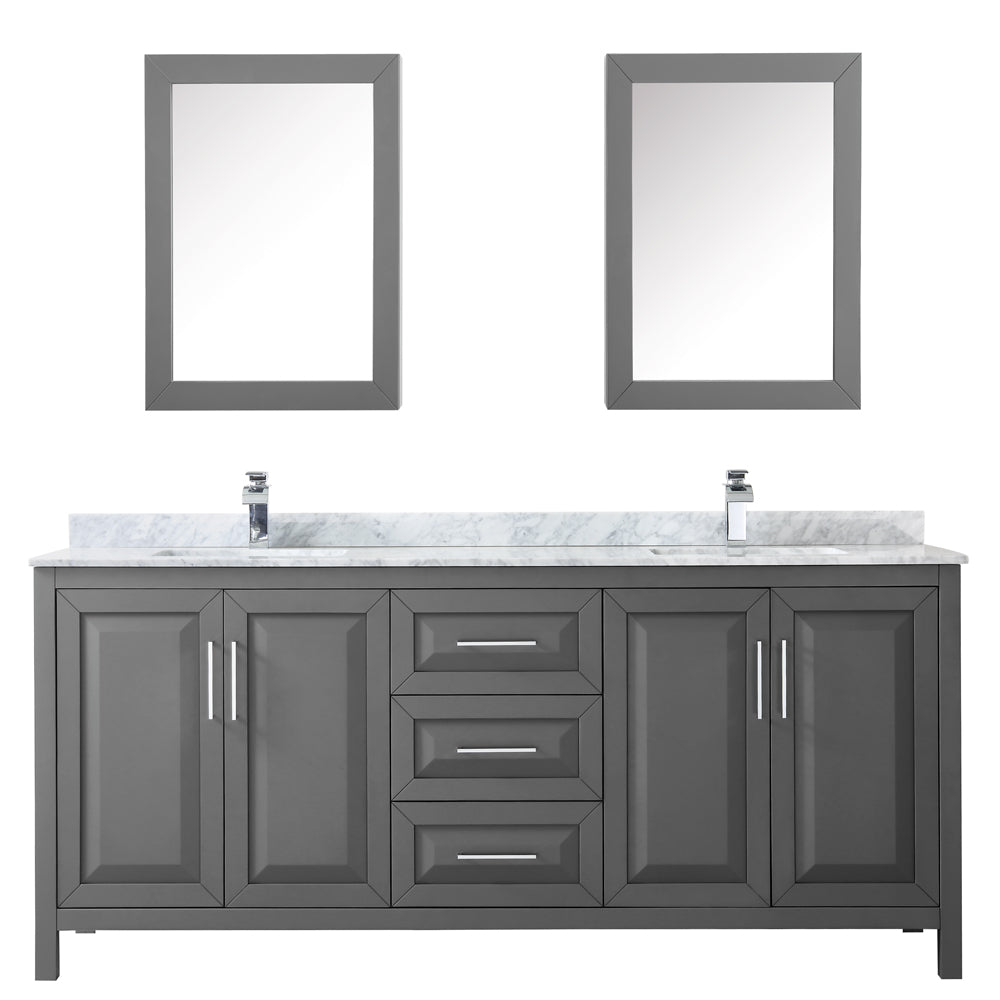 Daria 80 Inch Double Bathroom Vanity in Dark Gray White Carrara Marble Countertop Undermount Square Sinks and Medicine Cabinets
