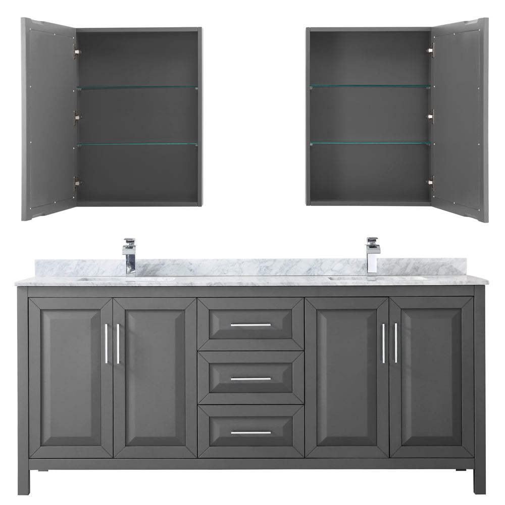Daria 80 Inch Double Bathroom Vanity in Dark Gray White Carrara Marble Countertop Undermount Square Sinks and Medicine Cabinets