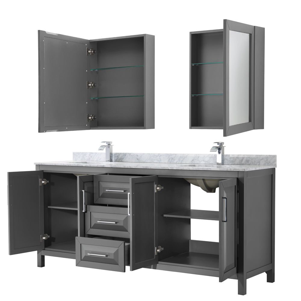 Daria 80 Inch Double Bathroom Vanity in Dark Gray White Carrara Marble Countertop Undermount Square Sinks and Medicine Cabinets