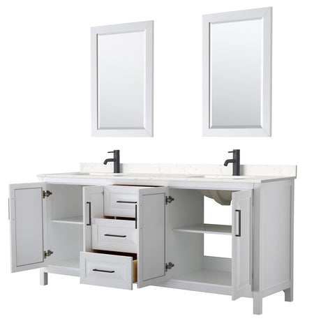 Daria 80 Inch Double Bathroom Vanity in White Carrara Cultured Marble Countertop Undermount Square Sinks Matte Black Trim 24 Inch Mirrors