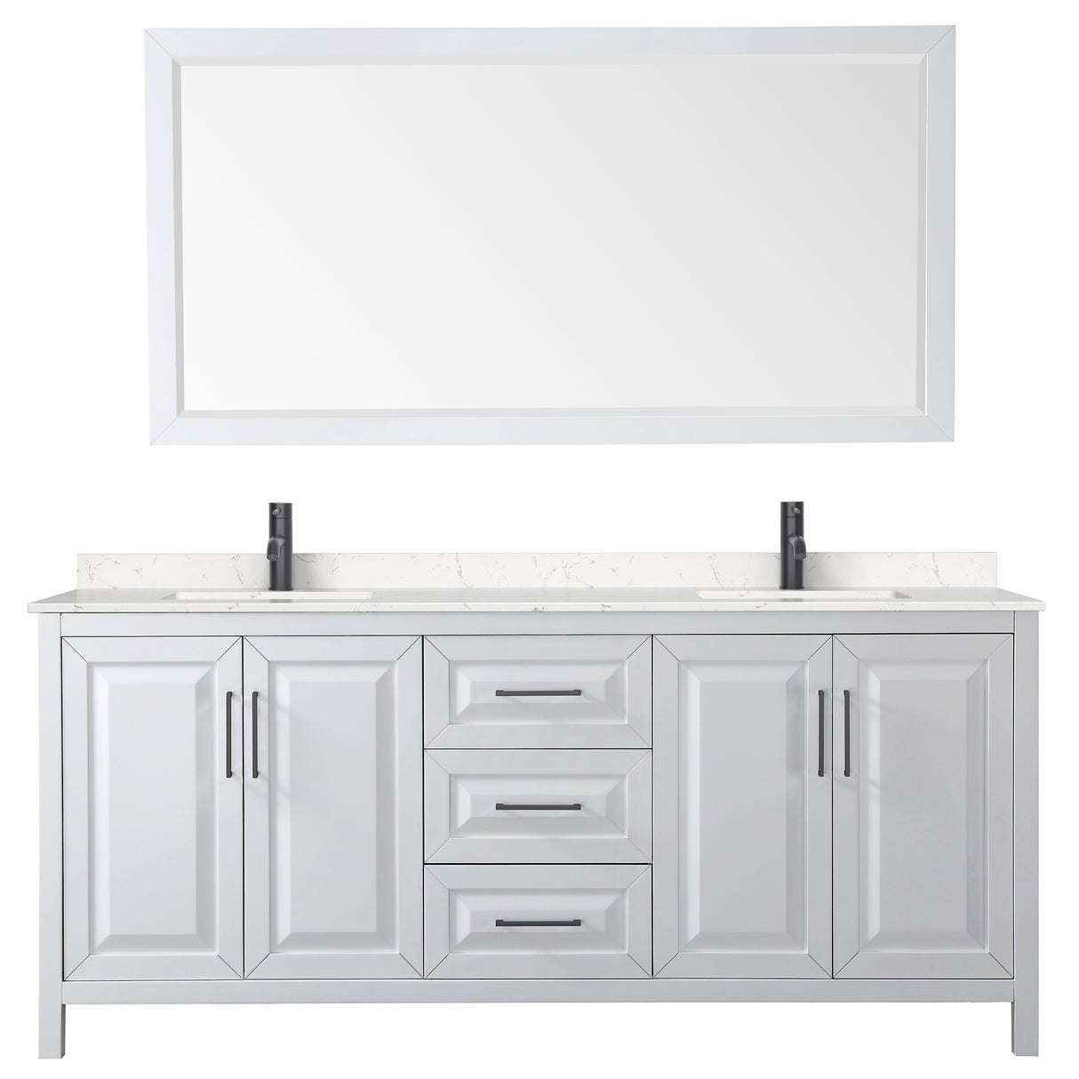 Daria 80 Inch Double Bathroom Vanity in White Carrara Cultured Marble Countertop Undermount Square Sinks Matte Black Trim 70 Inch Mirror