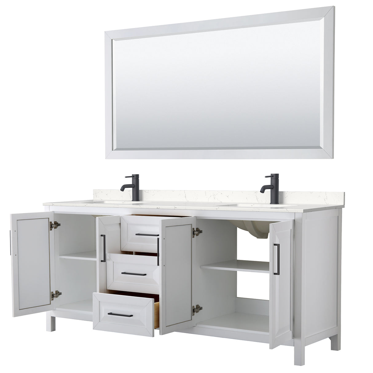 Daria 80 Inch Double Bathroom Vanity in White Carrara Cultured Marble Countertop Undermount Square Sinks Matte Black Trim 70 Inch Mirror