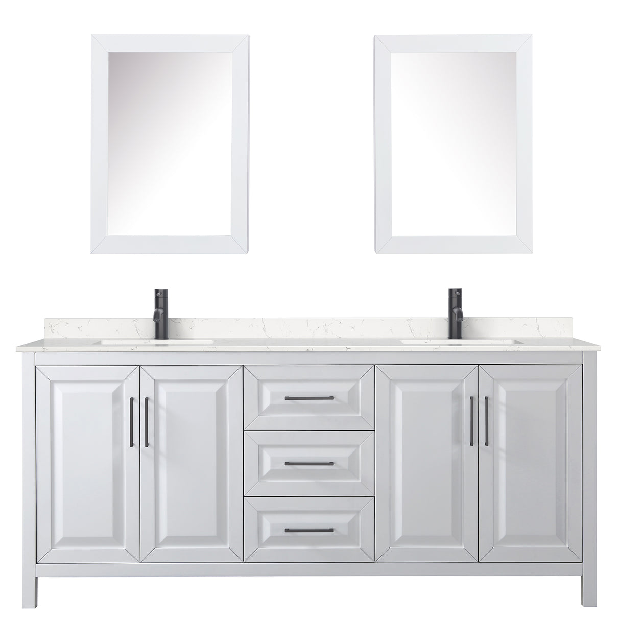 Daria 80 Inch Double Bathroom Vanity in White Carrara Cultured Marble Countertop Undermount Square Sinks Matte Black Trim Medicine Cabinets