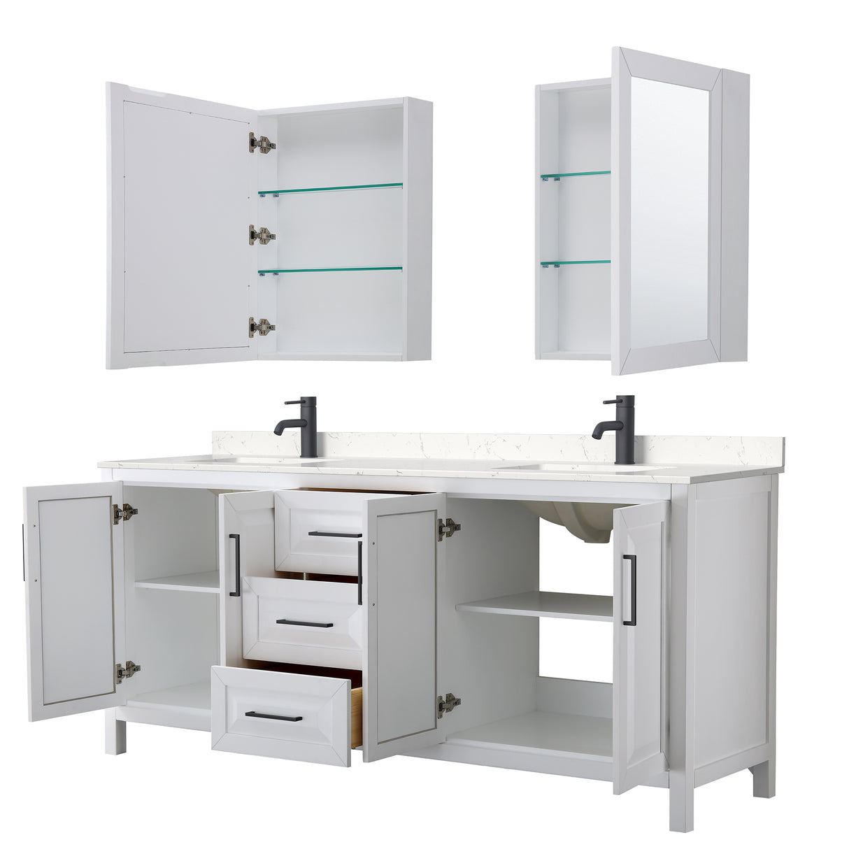 Daria 80 Inch Double Bathroom Vanity in White Carrara Cultured Marble Countertop Undermount Square Sinks Matte Black Trim Medicine Cabinets