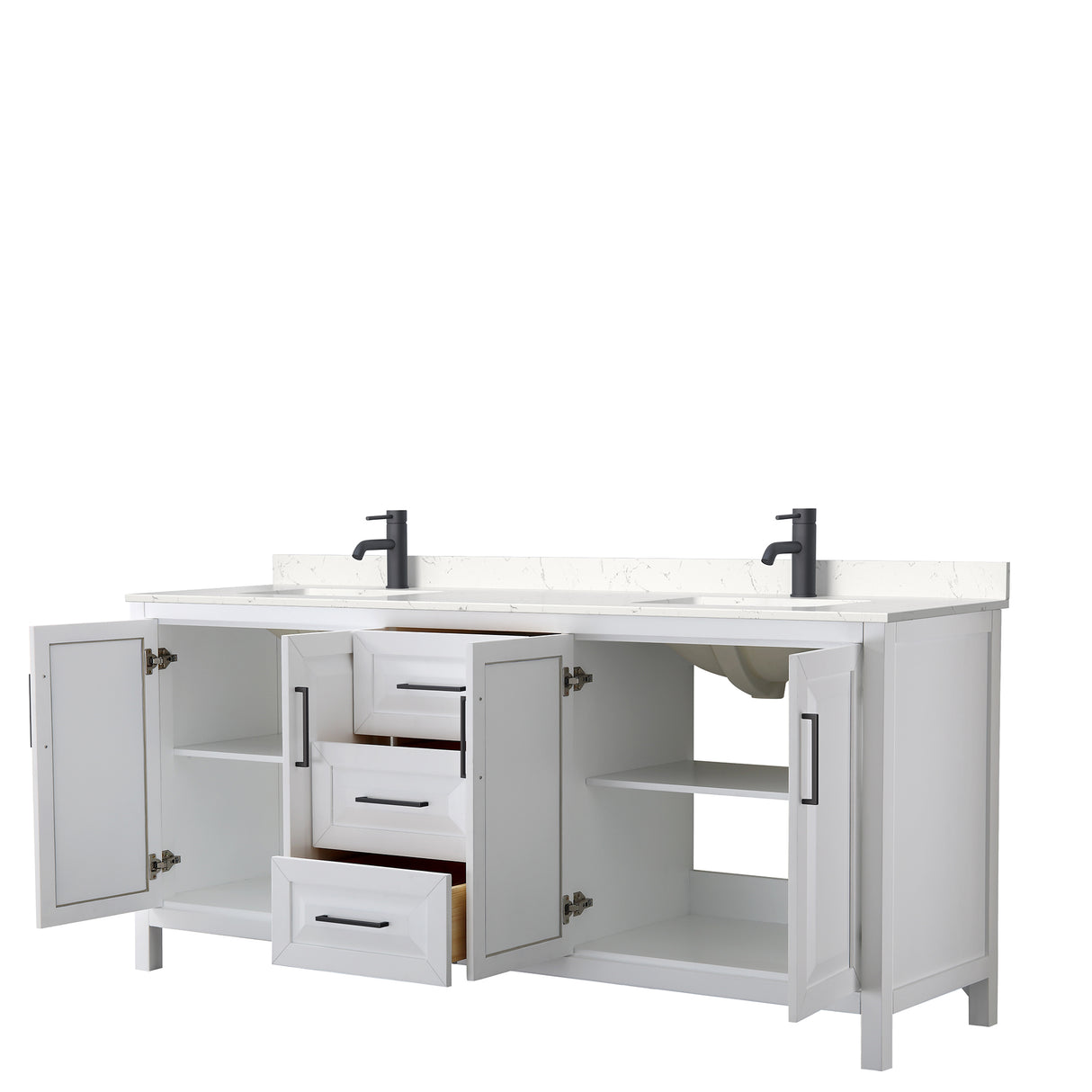 Daria 80 Inch Double Bathroom Vanity in White Carrara Cultured Marble Countertop Undermount Square Sinks Matte Black Trim