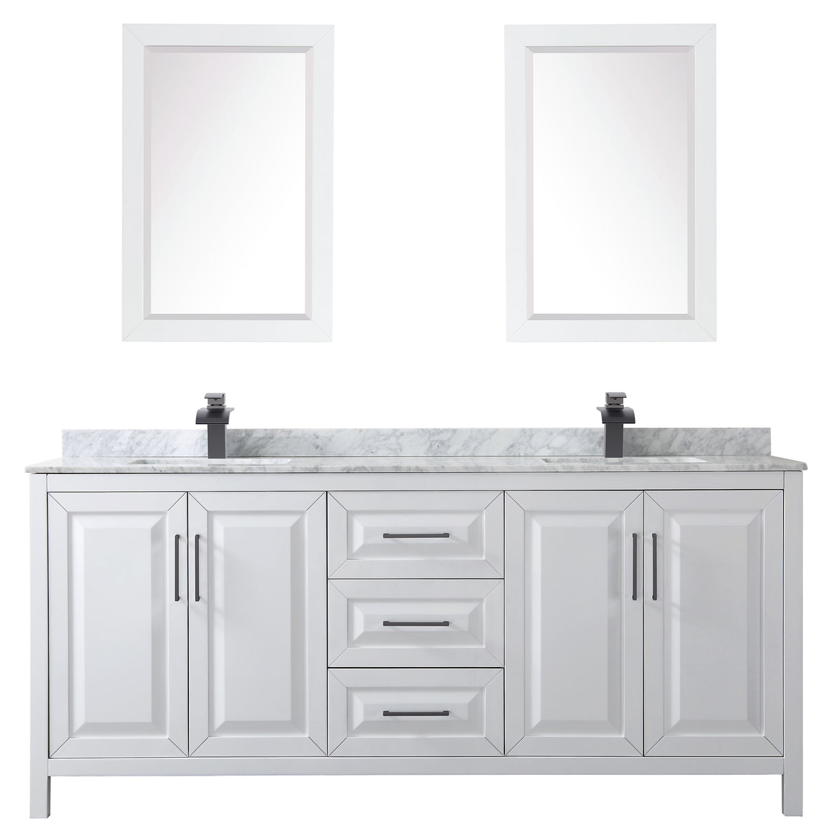 Daria 80 Inch Double Bathroom Vanity in White White Carrara Marble Countertop Undermount Square Sinks Matte Black Trim 24 Inch Mirrors