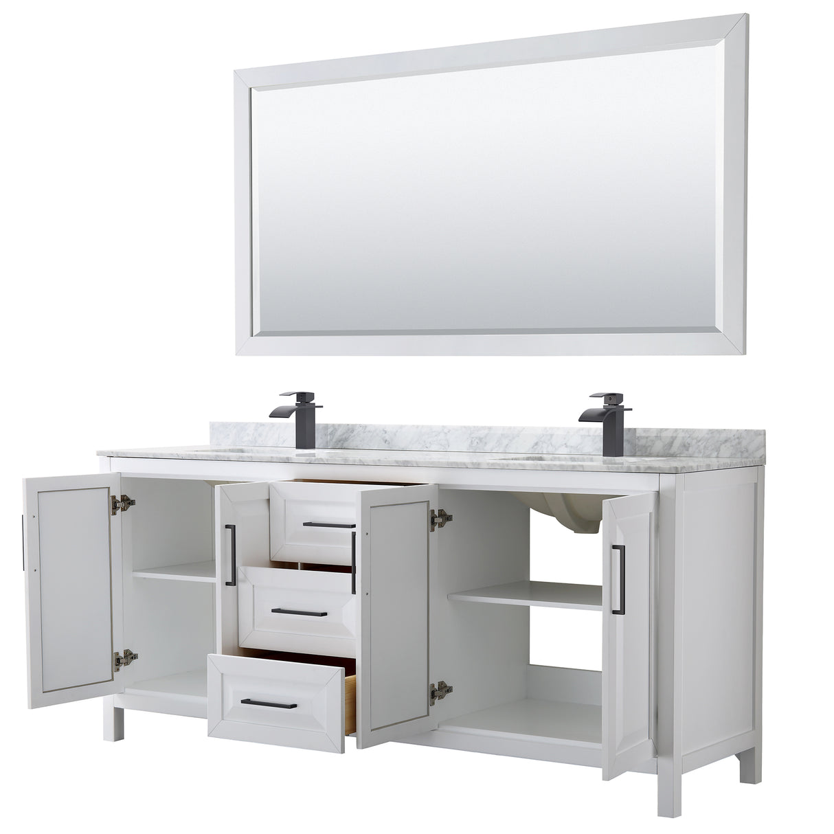 Daria 80 Inch Double Bathroom Vanity in White White Carrara Marble Countertop Undermount Square Sinks Matte Black Trim 70 Inch Mirror