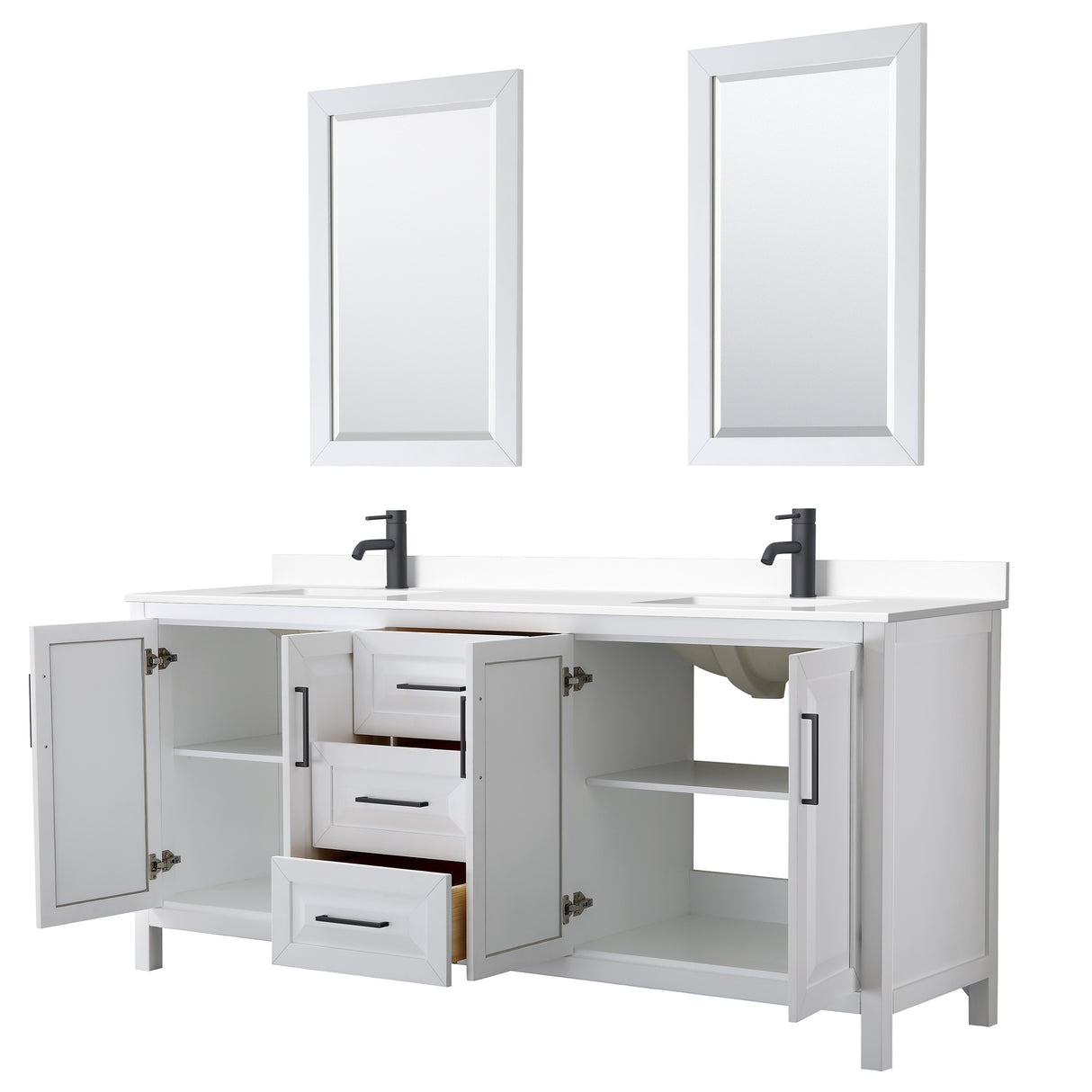 Daria 80 Inch Double Bathroom Vanity in White White Cultured Marble Countertop Undermount Square Sinks Matte Black Trim 24 Inch Mirrors