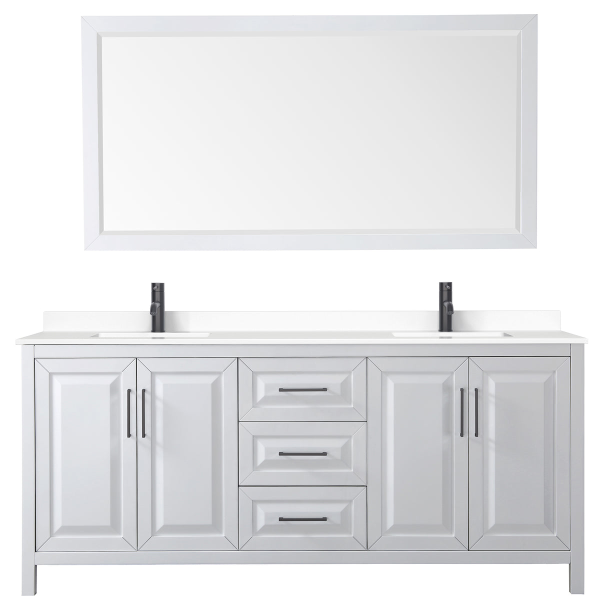 Daria 80 Inch Double Bathroom Vanity in White White Cultured Marble Countertop Undermount Square Sinks Matte Black Trim 70 Inch Mirror
