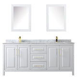Daria 80 Inch Double Bathroom Vanity in White White Carrara Marble Countertop Undermount Square Sinks Medicine Cabinets Brushed Gold Trim