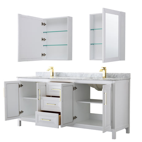 Daria 80 Inch Double Bathroom Vanity in White White Carrara Marble Countertop Undermount Square Sinks Medicine Cabinets Brushed Gold Trim