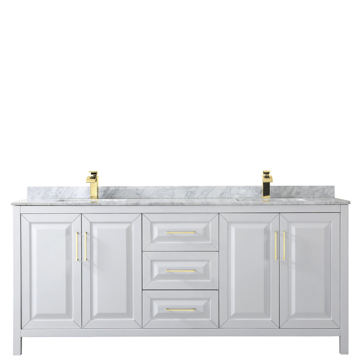 Daria 80 Inch Double Bathroom Vanity in White White Carrara Marble Countertop Undermount Square Sinks Brushed Gold Trim