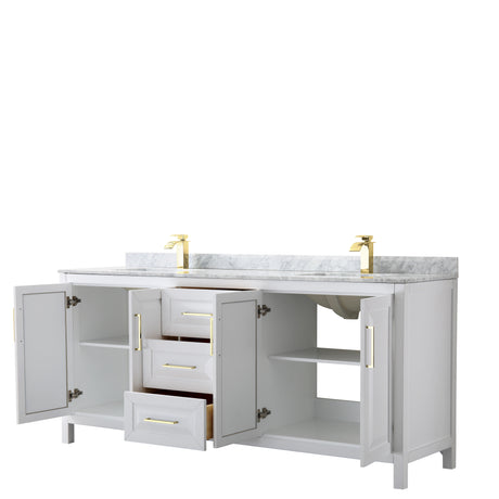 Daria 80 Inch Double Bathroom Vanity in White White Carrara Marble Countertop Undermount Square Sinks Brushed Gold Trim