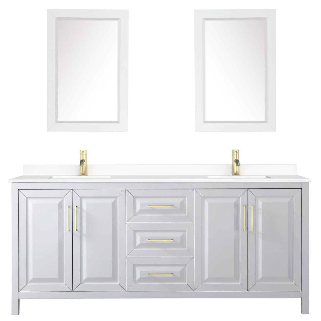 Daria 80 Inch Double Bathroom Vanity in White White Cultured Marble Countertop Undermount Square Sinks 24 Inch Mirrors Brushed Gold Trim
