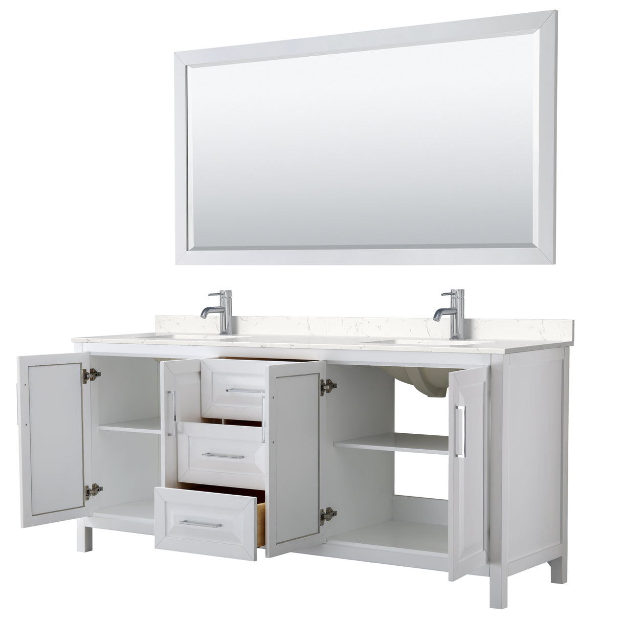 Daria 80 Inch Double Bathroom Vanity in White Carrara Cultured Marble Countertop Undermount Square Sinks 70 Inch Mirror
