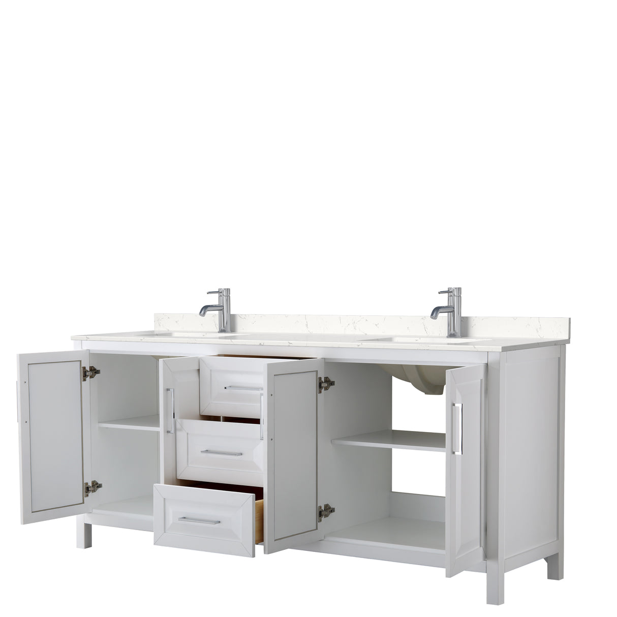 Daria 80 Inch Double Bathroom Vanity in White Carrara Cultured Marble Countertop Undermount Square Sinks No Mirror