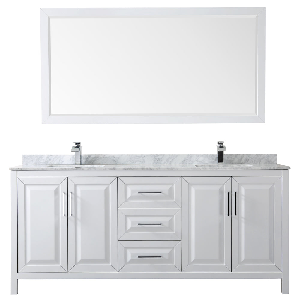 Daria 80 Inch Double Bathroom Vanity in White White Carrara Marble Countertop Undermount Square Sinks and 70 Inch Mirror
