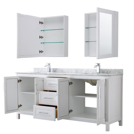 Daria 80 Inch Double Bathroom Vanity in White White Carrara Marble Countertop Undermount Square Sinks and Medicine Cabinets