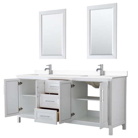 Daria 80 Inch Double Bathroom Vanity in White White Cultured Marble Countertop Undermount Square Sinks 24 Inch Mirrors