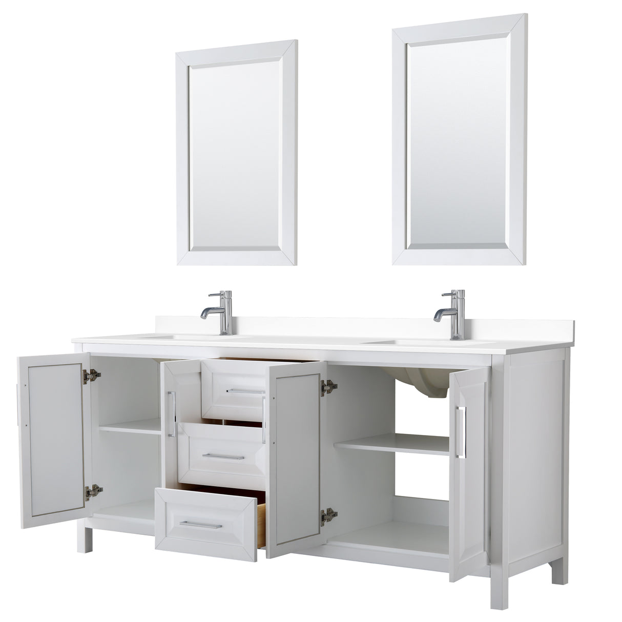 Daria 80 Inch Double Bathroom Vanity in White White Cultured Marble Countertop Undermount Square Sinks 24 Inch Mirrors
