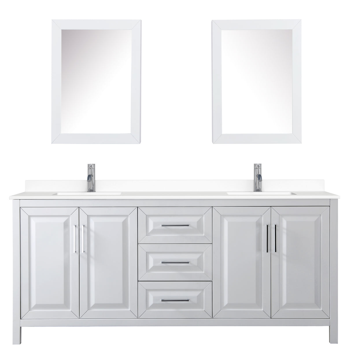 Daria 80 Inch Double Bathroom Vanity in White White Cultured Marble Countertop Undermount Square Sinks Medicine Cabinets