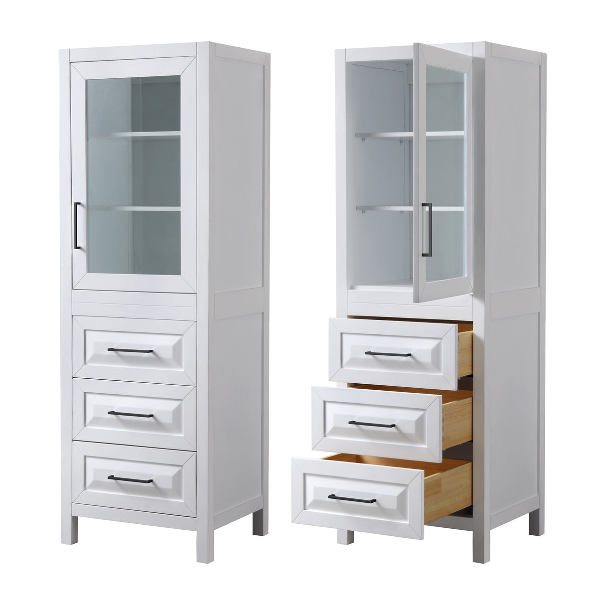 Daria Linen Tower in White with Matte Black Trim Shelved Cabinet Storage and 3 Drawers