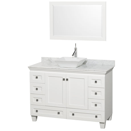 Acclaim 48 Inch Single Bathroom Vanity in White White Carrara Marble Countertop Pyra White Sink and 24 Inch Mirror
