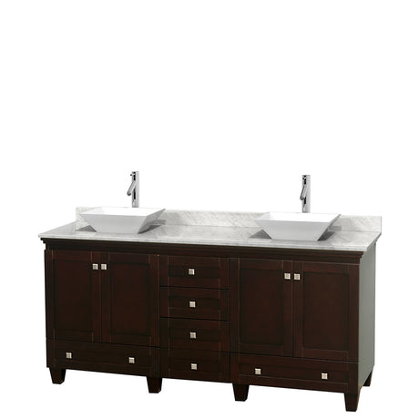 Acclaim 72 Inch Double Bathroom Vanity in Espresso White Carrara Marble Countertop Pyra White Sinks and No Mirrors