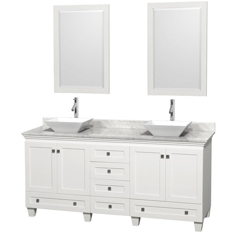 Acclaim 72 Inch Double Bathroom Vanity in White White Carrara Marble Countertop Pyra White Sinks and 24 Inch Mirrors