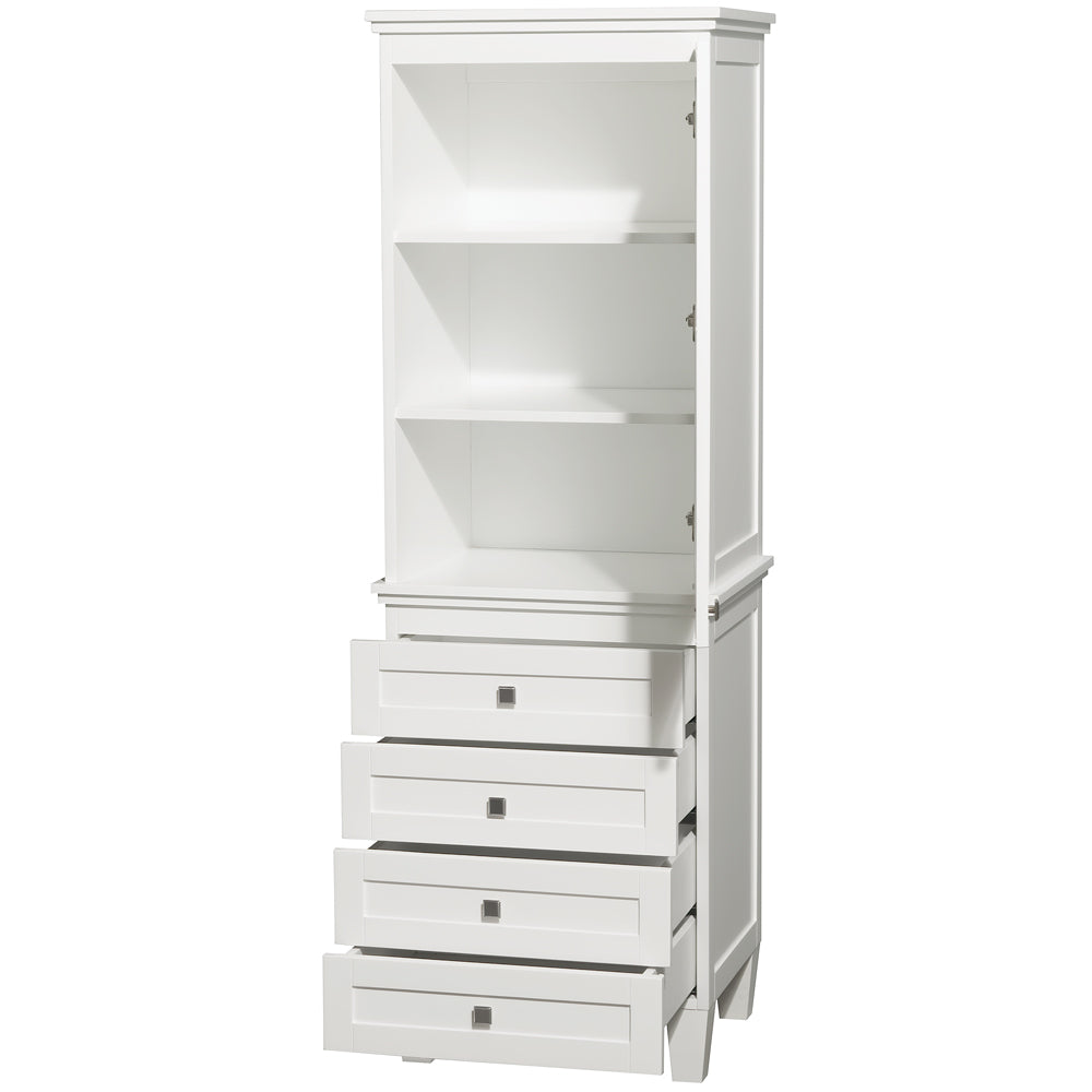 Acclaim Bathroom Linen Tower in White with Shelved Cabinet Storage and 4 Drawers