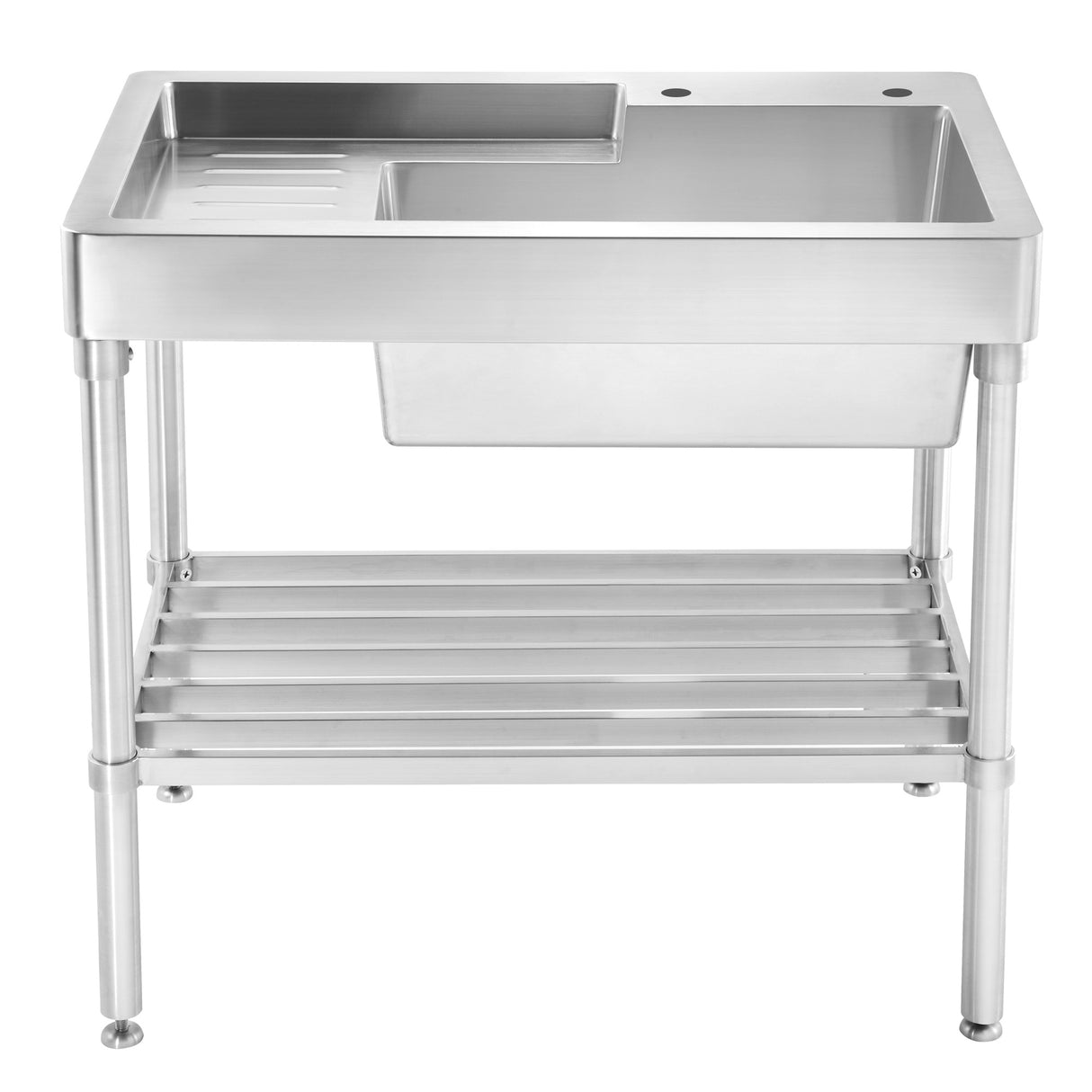 Pearlhaus Brushed Stainless Steel  Single Bowl, Freestanding Utility Sink with Drainboard and Lower Rack