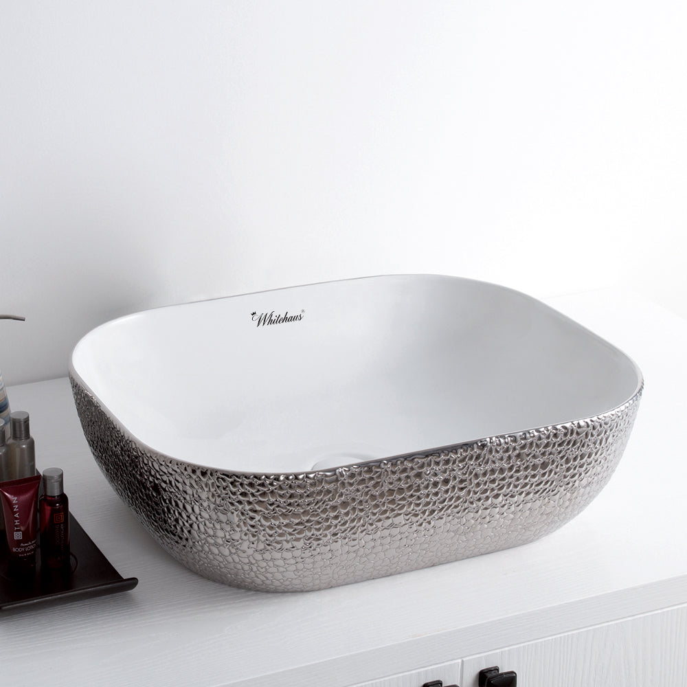 Isabella Plus Collection Rectangular Above Mount Basin with an Embossed Exterior, Smooth Interior, and Center Drain