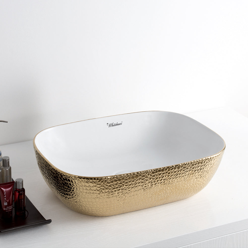Isabella Plus Collection Rectangular Above Mount Basin with an Embossed Exterior, Smooth Interior, and Center Drain