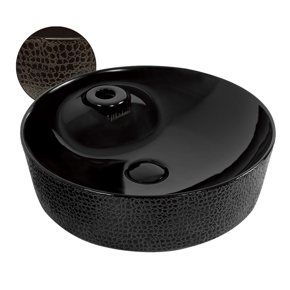 Isabella Plus Collection Round Above Mount Basin with an Embossed Exterior, Smooth Interior, Single Faucet Hole and Center Drain