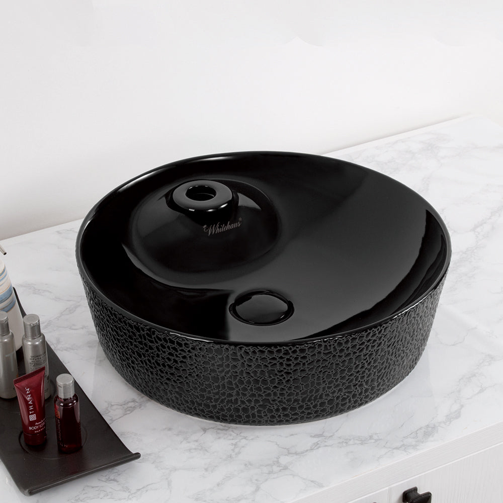 Isabella Plus Collection Round Above Mount Basin with an Embossed Exterior, Smooth Interior, Single Faucet Hole and Center Drain