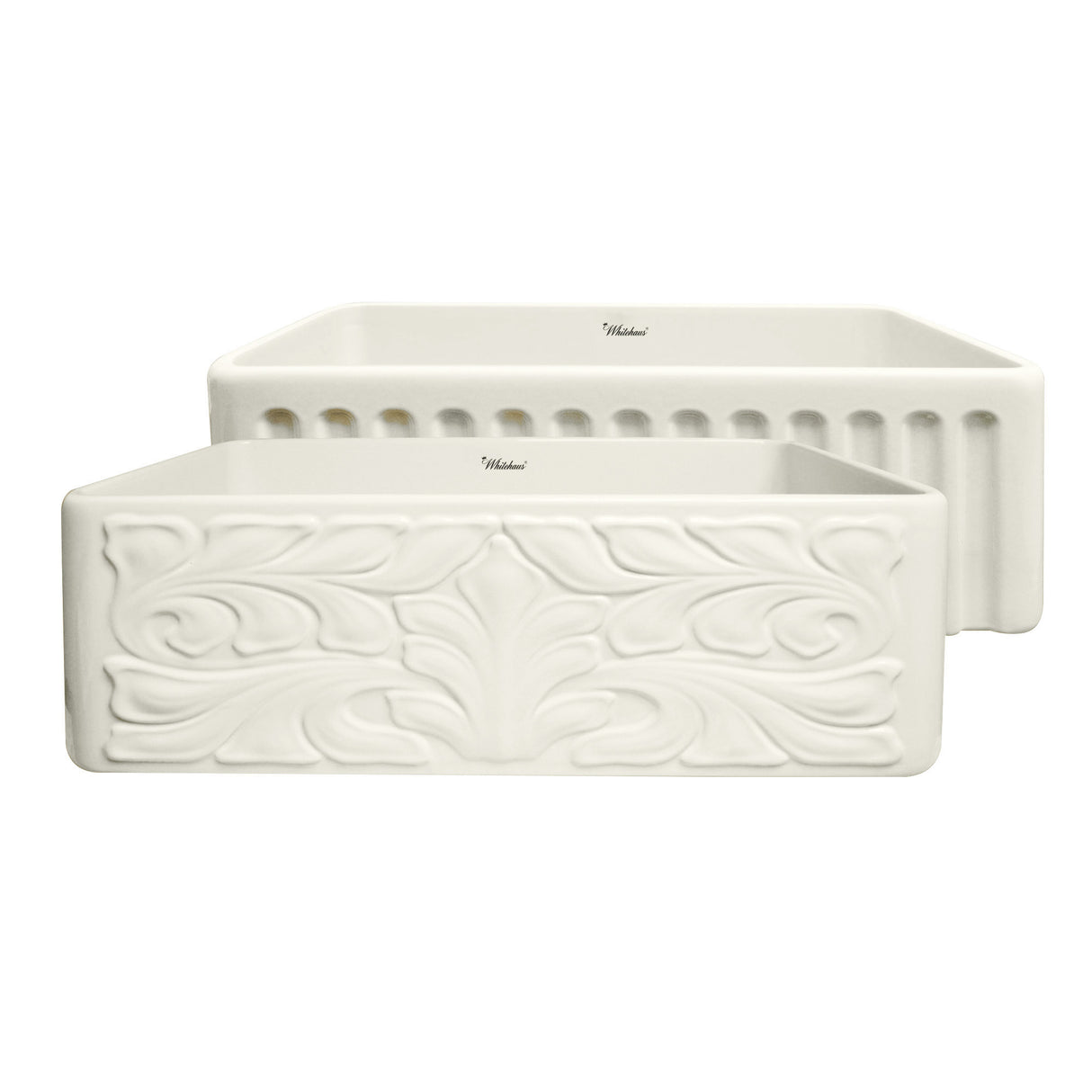 Farmhaus Fireclay Reversible Sink with a Gothichaus Swirl Design Front Apron on One Side, and a Fluted Front Apron on the Opposite Side.