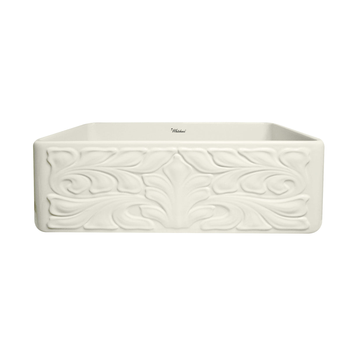 Farmhaus Fireclay Reversible Sink with a Gothichaus Swirl Design Front Apron on One Side, and a Fluted Front Apron on the Opposite Side.
