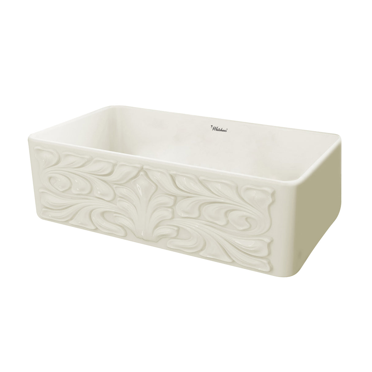 Farmhaus Fireclay Reversible Sink with a Gothichaus Swirl Design Front Apron on One Side, and a Fluted Front Apron on the Opposite Side.