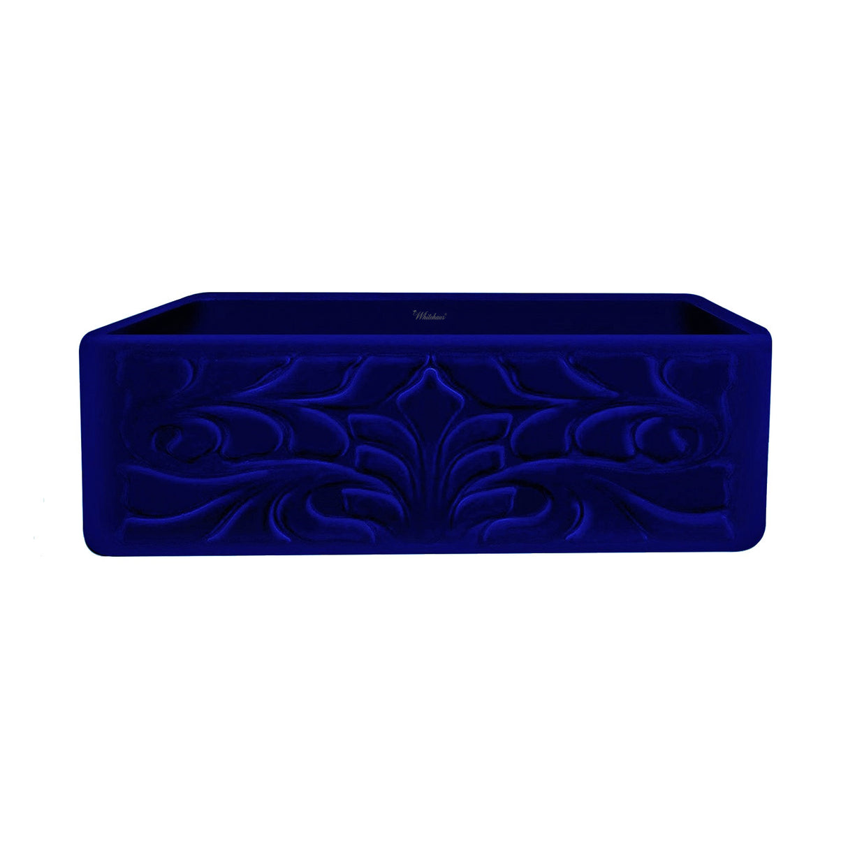 Farmhaus Fireclay Reversible Sink with a Gothichaus Swirl Design Front Apron on One Side, and a Fluted Front Apron on the Opposite Side.