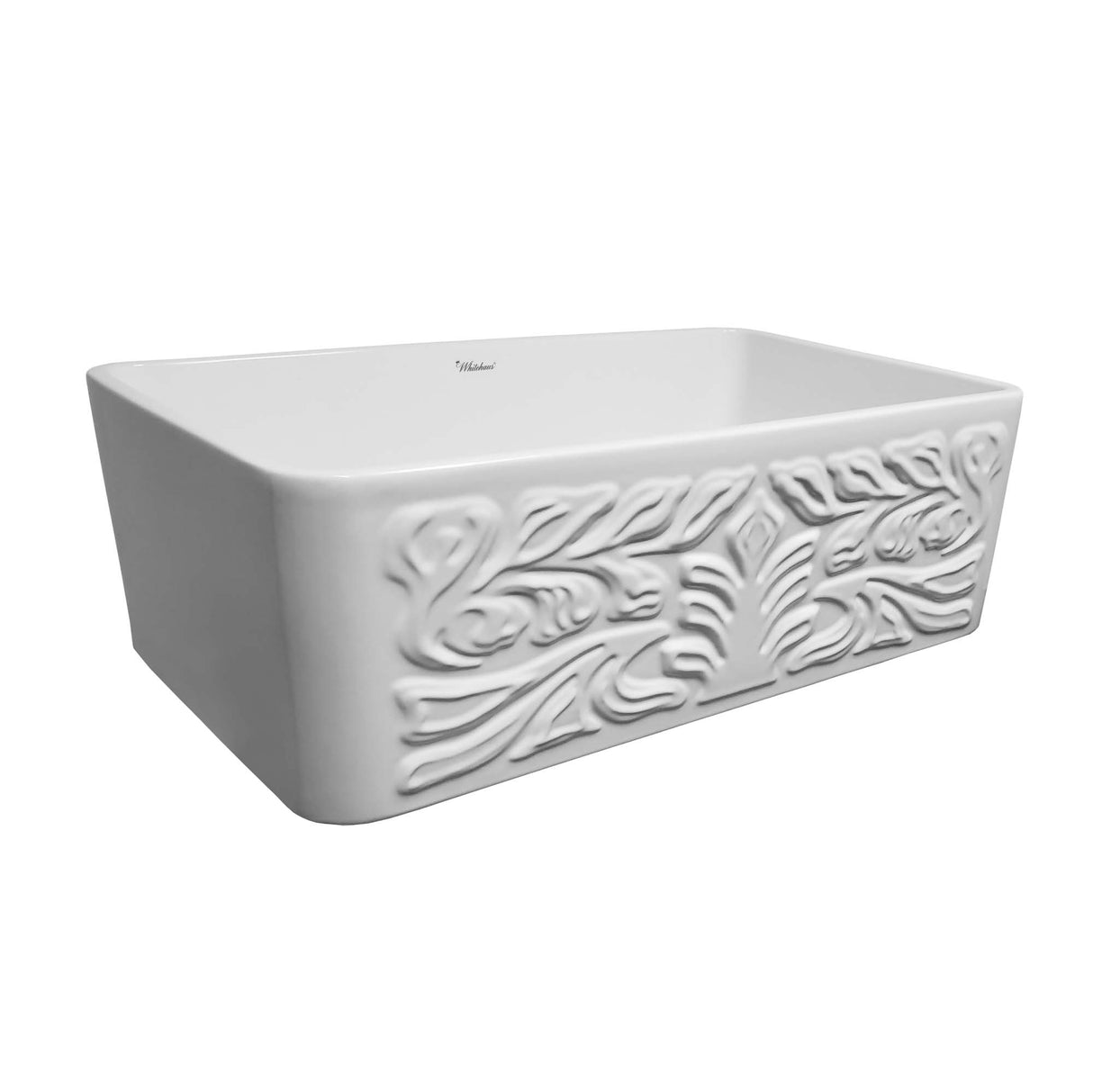 Farmhaus Fireclay Reversible Sink with a Gothichaus Swirl Design Front Apron on One Side, and a Fluted Front Apron on the Opposite Side.