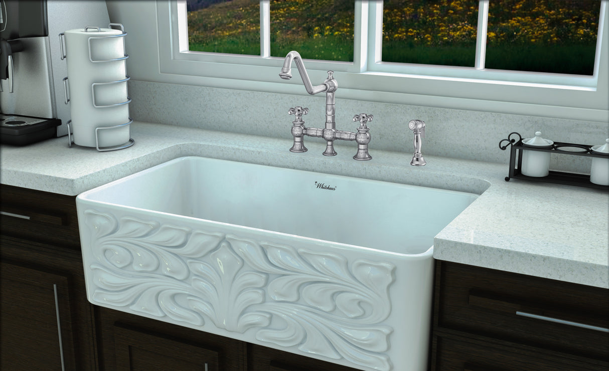 Vintage III Plus Bridge Faucet with Long Traditional Swivel Spout, Cross Handles and Solid Brass Side Spray