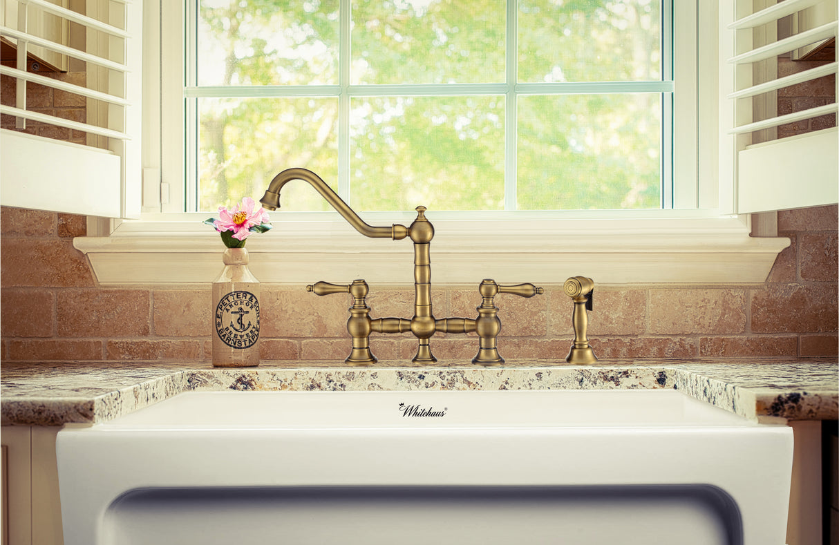 Vintage III Plus Bridge Faucet with Long Traditional Swivel Spout, Lever Handles and Solid Brass Side Spray